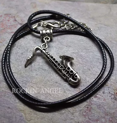 Antique Silver Plt Saxophone Pendant Necklace Ladies Mens Girls Boys Music Gift  • £5.49