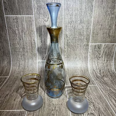 Vtg Bohemian Blue And Gold Decanter Liquor Set 3 Piece Set • $32.99