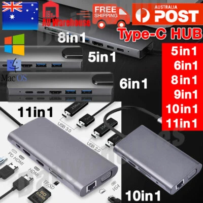 $20.95 • Buy 8/9/10in 1 USB-C HUB Type-C USB Multi 3.0 4K HDMI RJ45 Ethernet Micro SD TF OTG