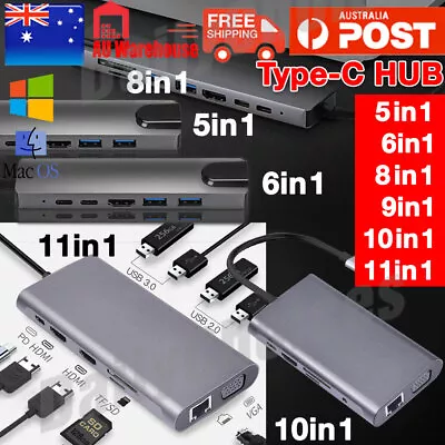 8/9/10in 1 USB-C HUB Type-C USB Multi 3.0 4K HDMI RJ45 Ethernet Micro SD TF OTG • $21.59