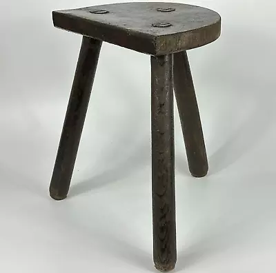 Antique Small Handcrafted 3 Leg Wooden Milking Stool With Half Moon Seat • £36