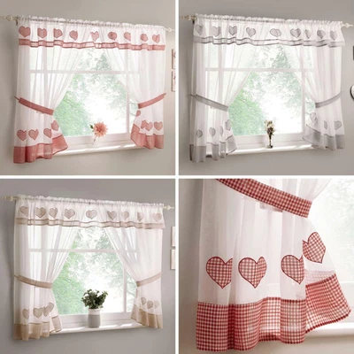 £23.95 • Buy Gingham Kitchen Curtain Sets Amour Heart Ready Made Valance Voile Curtains Pairs