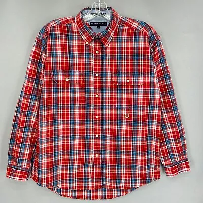 VTG Tommy Hilfiger Work Shirt Work Large Button Up Tartan Red Plaid Crest L • $14.99