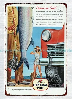 1946 Catch Big Fish Girl Fishing Trophy The General Tire Metal Tin Sign Poster S • $18.99
