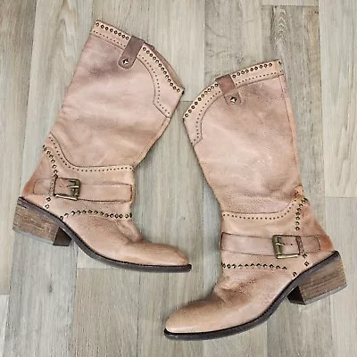 B Makowsky Women's 9.5 Tan Leather Mid Calf Pull On Studded Riding Moto Boots • $38