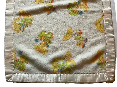 Vintage MCM Baby Blanket Flannel Satin Trim Blanky Animals Duck Horse Squirrel • $29.99