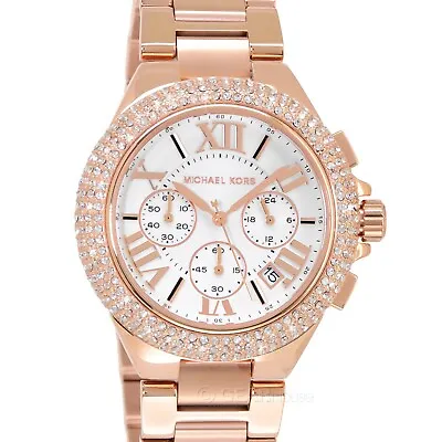 MICHAEL KORS Camille Womens Rose Gold Chronograph Glitz Watch White Dial Pave • $127.57