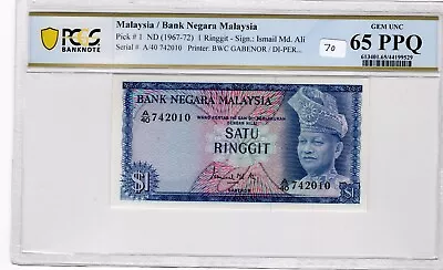 Malaysia 1 Ringgit 1967 - 1972 Certified PCGS Banknote Gem UNC 65 PPQ Pick 1 • $66.49