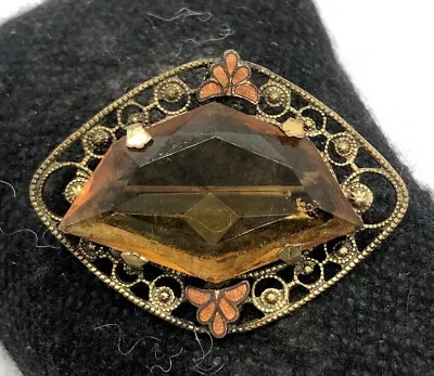 Ar Deco Czech Topaz Glass & Enamel Brooch Filigree Unique Shape Vintage Jewelry • $68.50