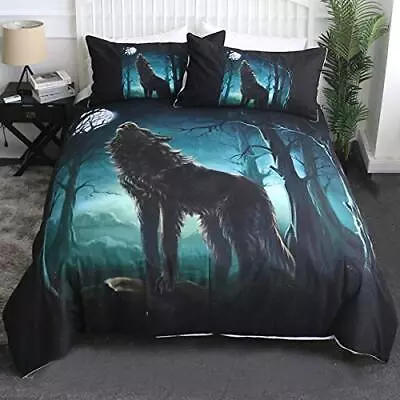 Moon Wolf Bedding Green Watercolor Forest Wolf Landscape Duvet Cover Sets 3 P... • $64.98