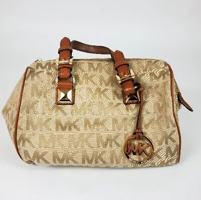 Michael Kors Brown Tan Canvas Leather Handles Grayson Medium Satchel Handbag • $59.95