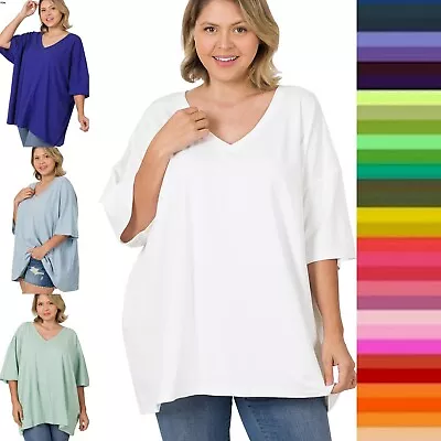 $12.45 • Buy 1X 2X 3X Plus V Neck Short Sleeve Oversized Boyfriend Box Tee Cotton T Shirt Top