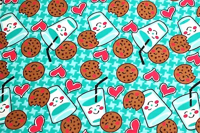 BTY*FACE MASKS*MILK*COOKIES WITH FACES & HEARTS 100% COTTON FLANNEL FABRIC 42x36 • £16.38