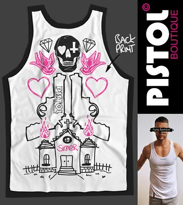 Pistol Boutique Men's White SINNER CHURCH SKULL Back Print Vest Top Singlet Tank • £25.19