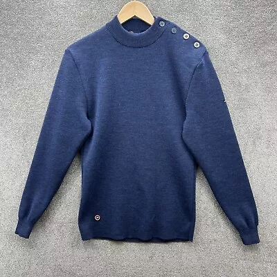 Saint James Jumper Women 38 (UK 10) Blue Wool Nautical Mock Neck Button Accent • £39.99