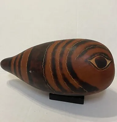 Vintage 12   Koi Fish Art Gourd Hand Carved Pyrography Maraca  On Spinning Base. • $29.99