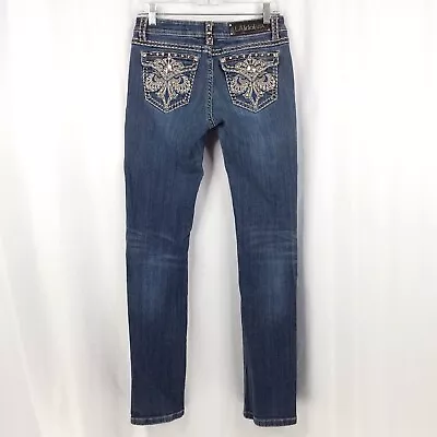 LA Idol Jeans 7 Women Blue Denim Thick Stitch Rhinestones Boot Cut Bling 30x34 • $19.99