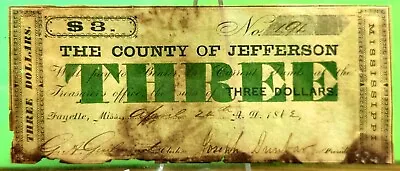 The County Of Jefferson Three Dollars 1863 Mississippi Currency - Nt1236 • $75