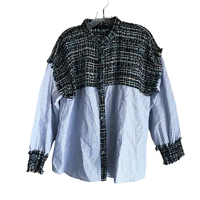 Zara Basic Women's Blouse Size XL Knit Panel Striped Oxford Long Sleeve • $20.20