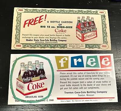 1960's (2) Coca-Cola Free 6-Pack Coupons (Vintage Unredeemed And Hard To Find) • $28