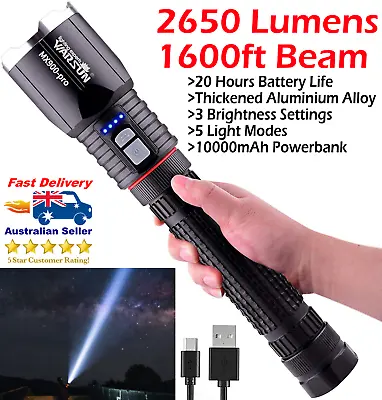 Brightest Rechargeable LED Flashlight Torch Powerbank 2650 Lumens Powerful Beam • $51.81