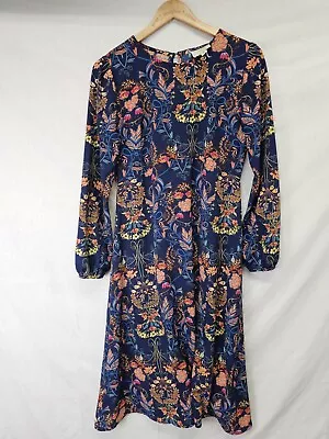 I. Madeline Midi Dress Size M Long Sleeve Garden Splendor Navy Blue Floral Print • $34.99