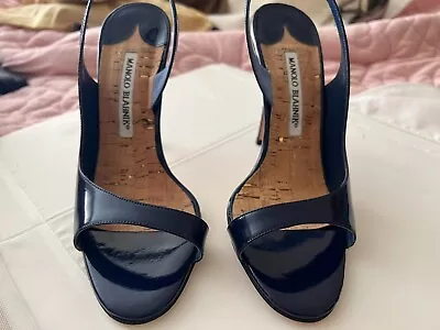 Manolo Blahnik Navy Patent Leather Sling Back Stiletto Heels EU 36.5 New W/o Box • $100