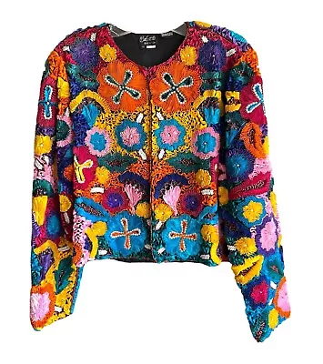 Vtg Baluch Creation Womens Colorful Beaded Pure Silk Jacket Sz L • $190