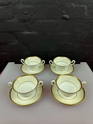 4 X Wedgwood Cream Gold W4263 Soup Coupes Bowls And Stands / Saucers Set • £99.99