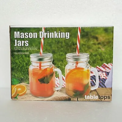 Mason Jar Mug Drinking Glass NEW W/ Tags 2 Pc Set With Lids & Straws Clear Glass • $25