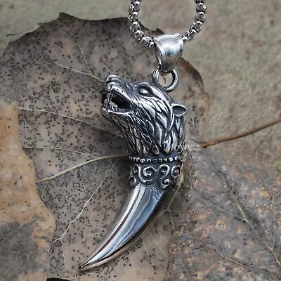 Mens Viking Wolf Head Tooth Teeth Pendant Necklace Stainless Steel Chain Gift • $9.99