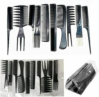 10 Pcs HAIR COMB SET STYLING PROFESSIONAL BLACK HAIRDRESSING BRUSH BARBERS SALON • £3.99