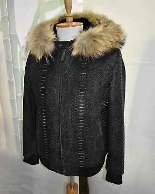 Genuine Nubuck Python Leather Removable  Fox Fur Hood Black Bomber Jacket • $2350