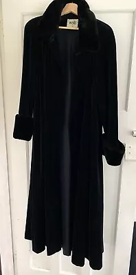 Vintage Long Black Velvet Coat With Faux Fur Cuffs And Collar. Size 14 • £75