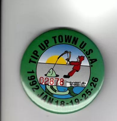 1992 Tip Up Town Badge Pin Pinback-michigan Dnr Deer Bear Fishing Patch License • $4.99