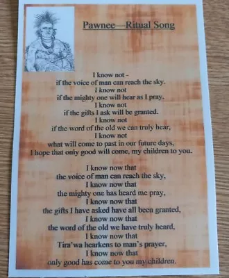 Native American Indian Laminated A6Pawnee Ritual Song Prayer Saying Blessing • £2