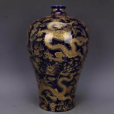 Chinese Blue Glaze Porcelain Qing Kangxi Golden Dragon Pattern Vase 14.3 Inch • $189.99