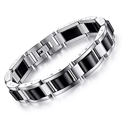 8.5  Mens Magnetic Steel Bracelet. Silver With Black Inlay. Fancy Box • $49.95