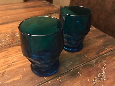 Set Of Two 4” Georgian Teal Blue Glass Moser Ohio Flat 9 Ounce Tumblers • $13.99
