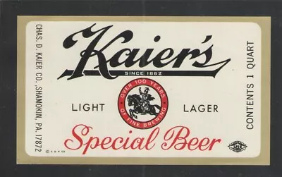 Kaiers Light Lager Special Beer 1 Qt Label Shamokin Pa { Vintage Unused } • $1