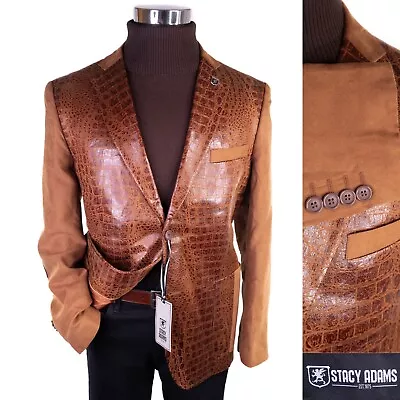 STACY ADAMS Brown Faux Leather Suede Sport Coat Jacket Alligator Texture NEW Lrg • $119.75