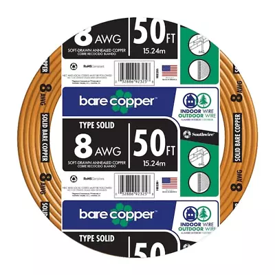 50-Ft 8-Gauge Solid Soft Drawn Copper Bare Wire (By-The-Roll) • $45