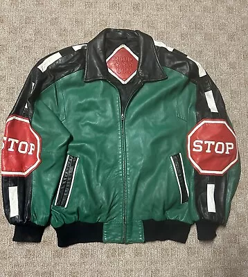 Rare 1990s Vintage Michael Hoban Stop Sign Green/Red Leather Jacket Fits Sz XL • $274.99