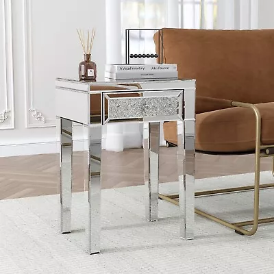 Mirrored End Table With Drawer Decorative Modern Crystal Side Table Silver • $209.99