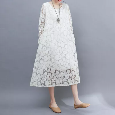 Womens Round Neck Hollow Out Floral Lace Dress Long Sleeves Loose Casual Gown • $29.68