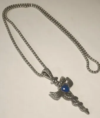 Men's Cross Necklace Blue Sapphire Heart With 10 1/2  Chain • $19.99