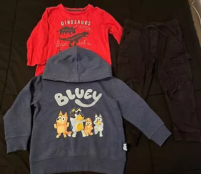 Boys Size 3 Winter Clothing Set Bluey Jumper Black Long Pants Dinosaur Shirt • $7.99