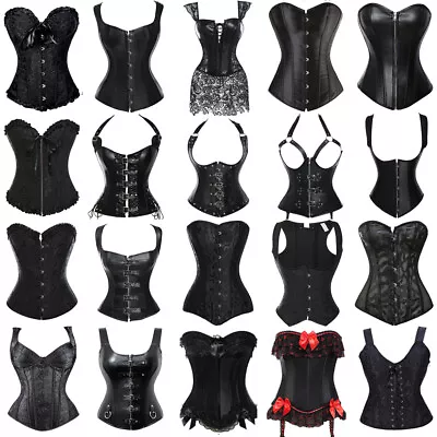 Women Black Overbust Boned Corset Bustier Lace Up Costume Burlesque Basque Tops • $26.87