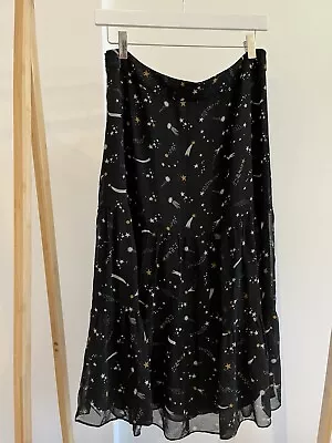 Boden Constellation Skirt Size 12 Black Stars Moon Galaxy Floaty Midi • £19