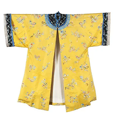 19th ANTIQUE CHINESE EMBROIDERY INFORMAL YELLOW SILK GAUZE ROBE QING DYNASTY • $9245